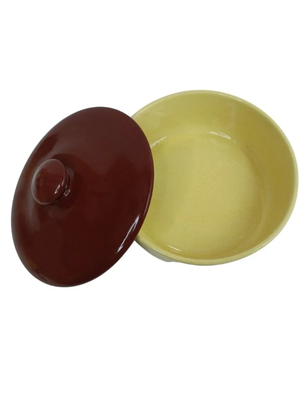 Vintage Two-Tone Ceramic Covered Casserole Dish With Lid Brown & Yellow MCM